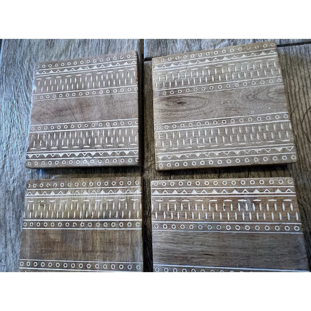 Wood Square Coasters Set Of 4 Etched Aztec‎ Tribal Southwestern Drink Holder 4